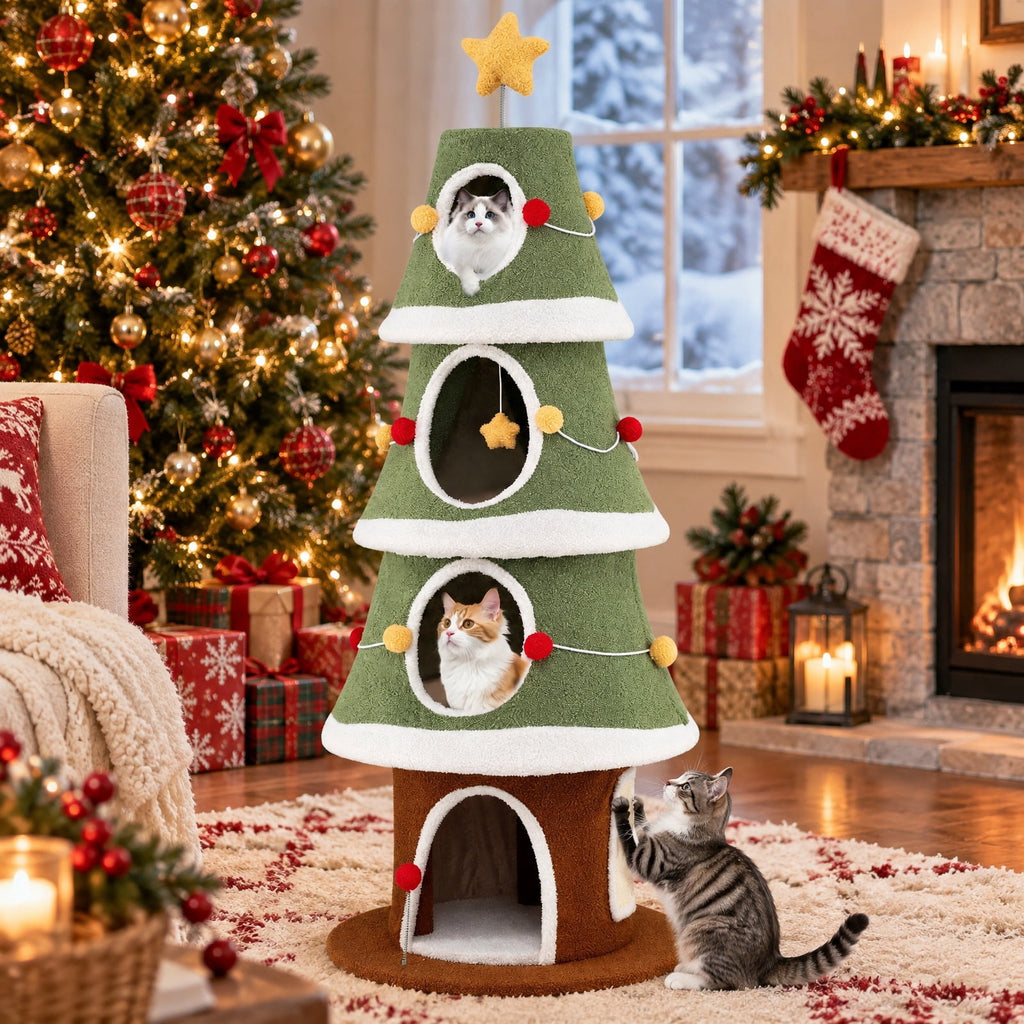 Airfind Large Christmas Cat Tree for Indoor Cats 61 Inch Cute Cat Tower with 4 Condos, 11 lbs Capacity, Engineered Wood Plush Fabric Frame, Green