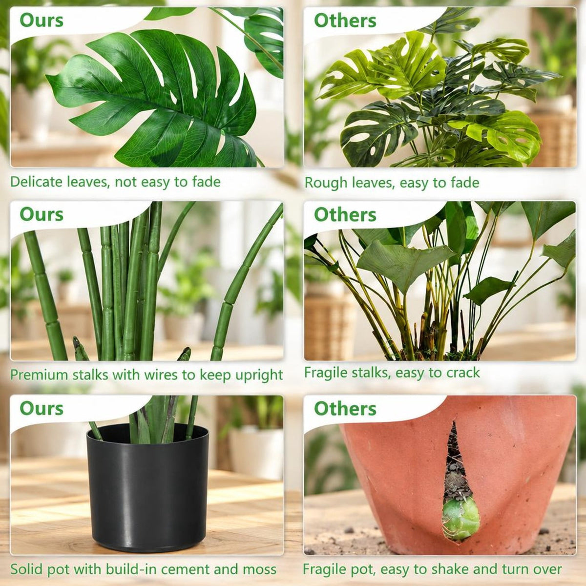 Airfind 2 Pack Artificial Monstera Deliciosa Tree with 10 Leaves of Different Sizes, PEVA plastic wire cement Frame, Green Black