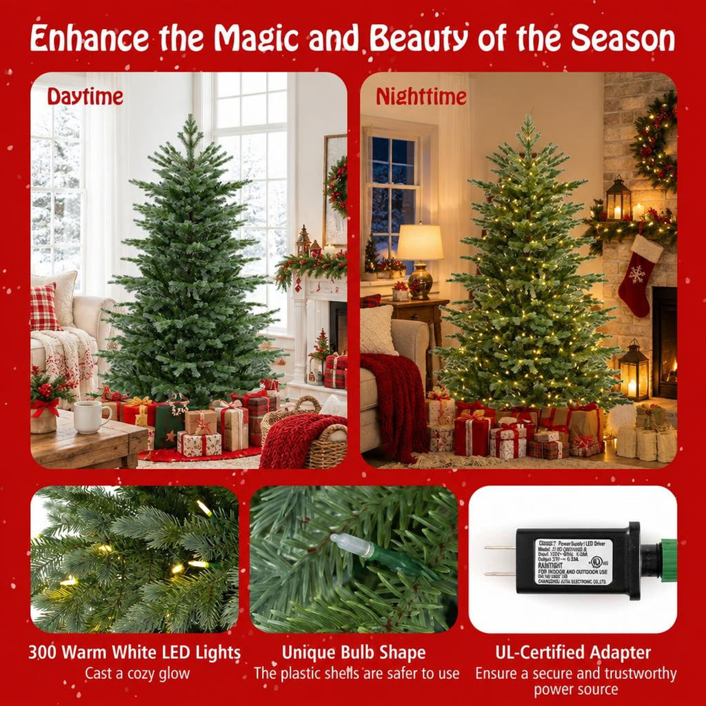 Airfind 6 Feet Artificial Christmas Tree with 2116 Lush PVC Branch Tips and 300 Warm White LED Lights, PVC PE Metal Frame, Green