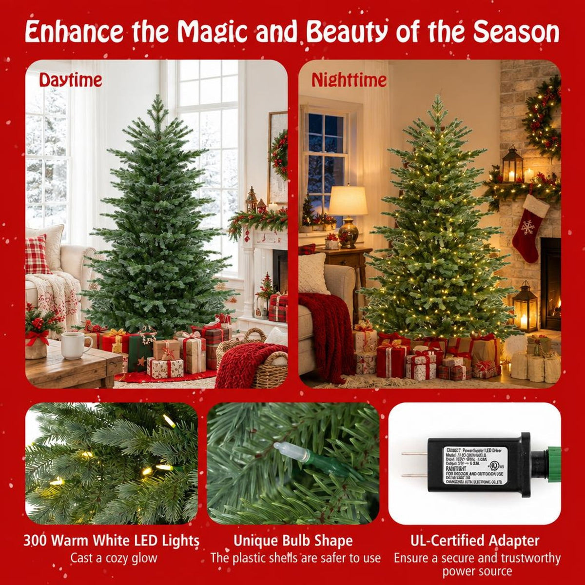 Airfind 6 Feet Artificial Christmas Tree with 2116 Lush PVC Branch Tips and 300 Warm White LED Lights, PVC PE Metal Frame, Green