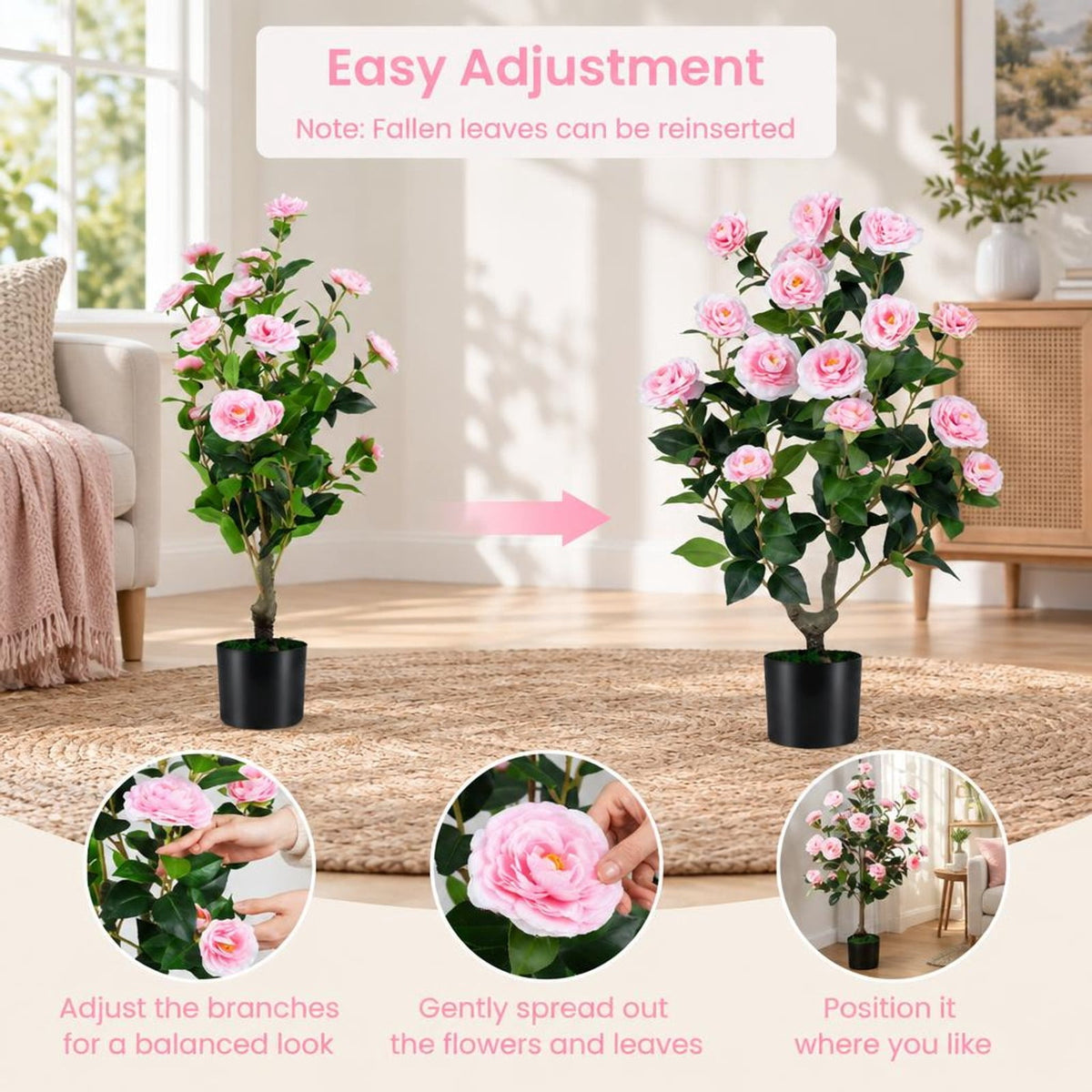 Airfind Artificial Camellia Tree Faux Flower Plant in Cement-Filled Pot, PE PP Cement Overall Height 35.5 Flower Pot Height 5 Flower Pot Frame