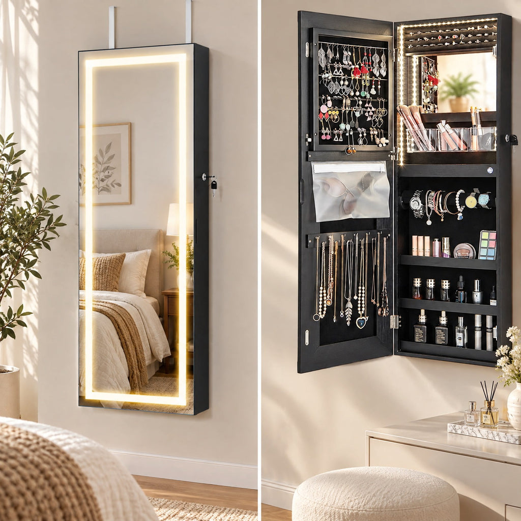 Airfind 42.5 Inches Lockable Jewelry Mirror Wall Cabinet with 3-Color LED Lights, MDF Frame, 15 x 4 x 42.5 Hook Footprint, Black