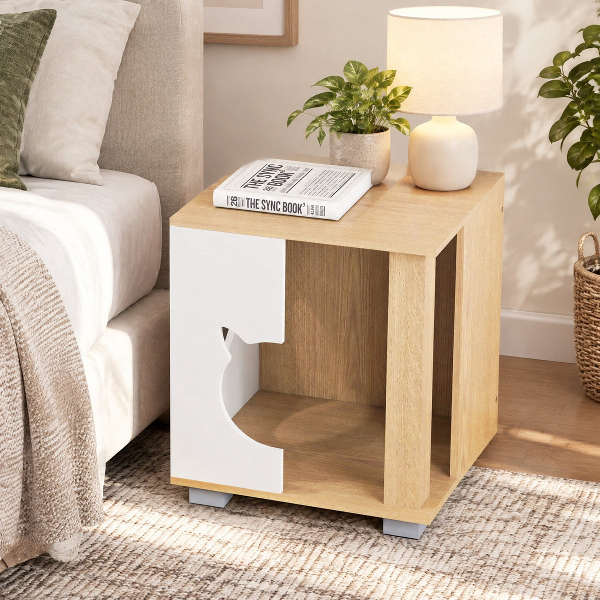 Airfind Wooden Semi-enclosed Cat Condo with Kitty Head-shaped Entry and Metal Legs, 44 lbs Capacity, Engineered Board Metal Frame, Natural