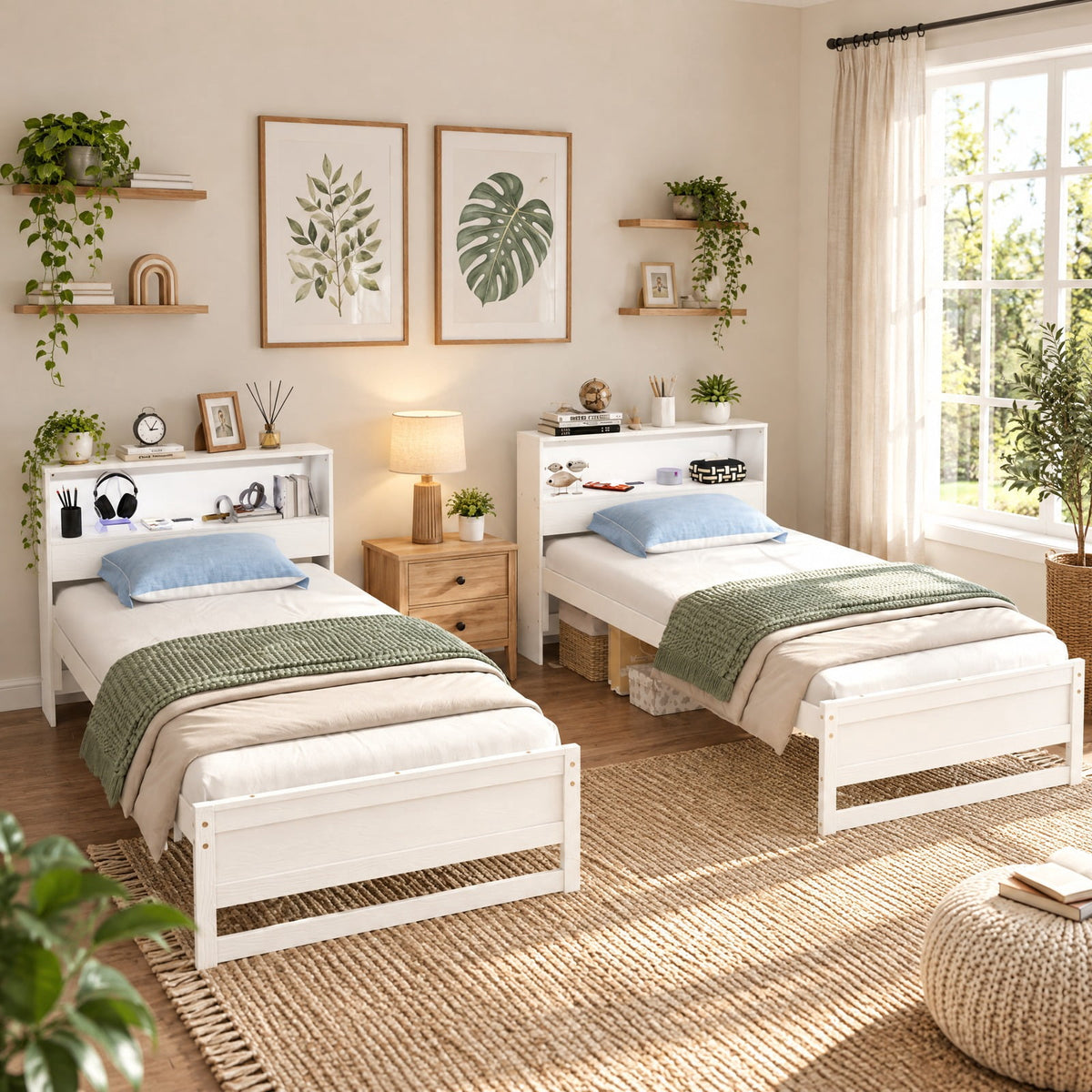 Airfind Twin Size Bed Frame with Storage Headboard and Charging Station, 200 lbs Capacity, Plywood Pine Wood MDF Engineered Wood Frame, White