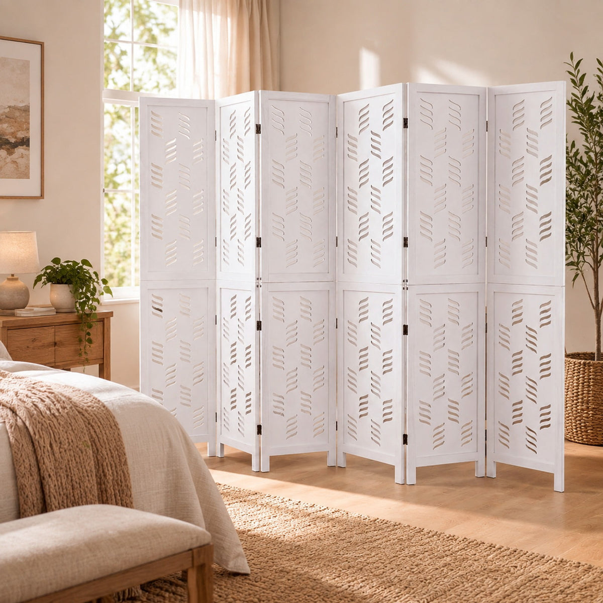 Airfind 5.5 FT Tall Room Divider 6 Panels with Wave Cutout and Paulownia Frame for Room, Paulownia Wood Metal Frame, 95in x 67in Footprint, White