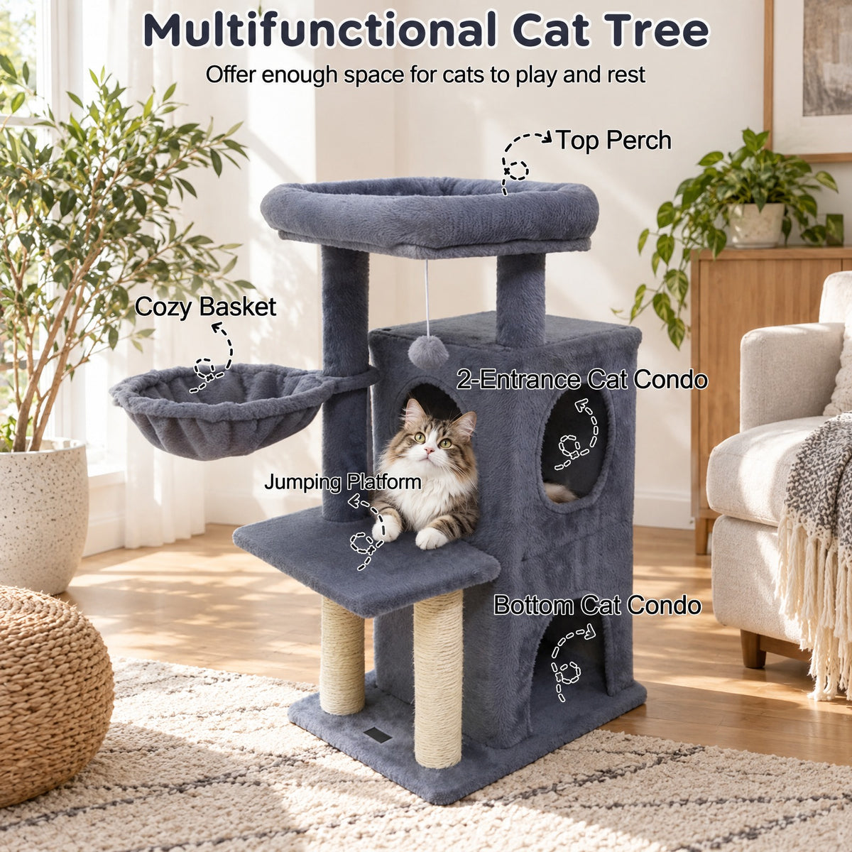 Airfind 33.5 Inch Cute Kitten Tower with 2-Tier Condo and Padded Top Perch, 22 lbs Capacity, Engineered Board Sisal Plush Fabric PP Polyester Frame