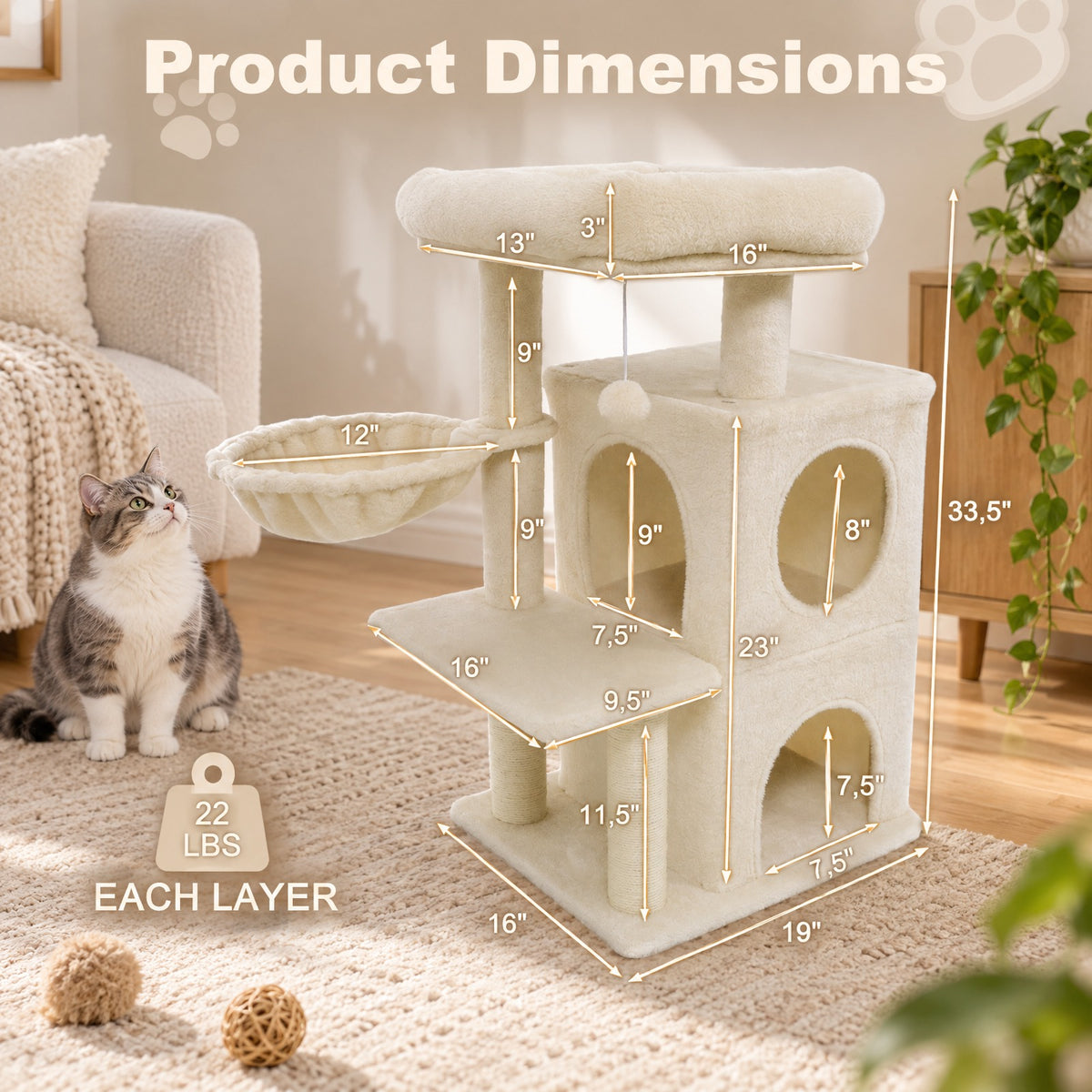 Airfind 33.5 Inch Cute Kitten Tower with 2-Tier Condo and Padded Top Perch, 22 lbs Capacity, Engineered Board Sisal Plush Fabric PP Polyester Frame