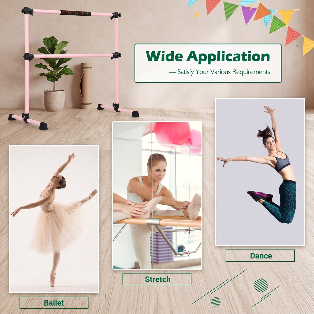 Airfind 4 Feet Portable Ballet Barre Freestanding Double Dance Barre with Adjustable Height for Home Studio and School, Pink