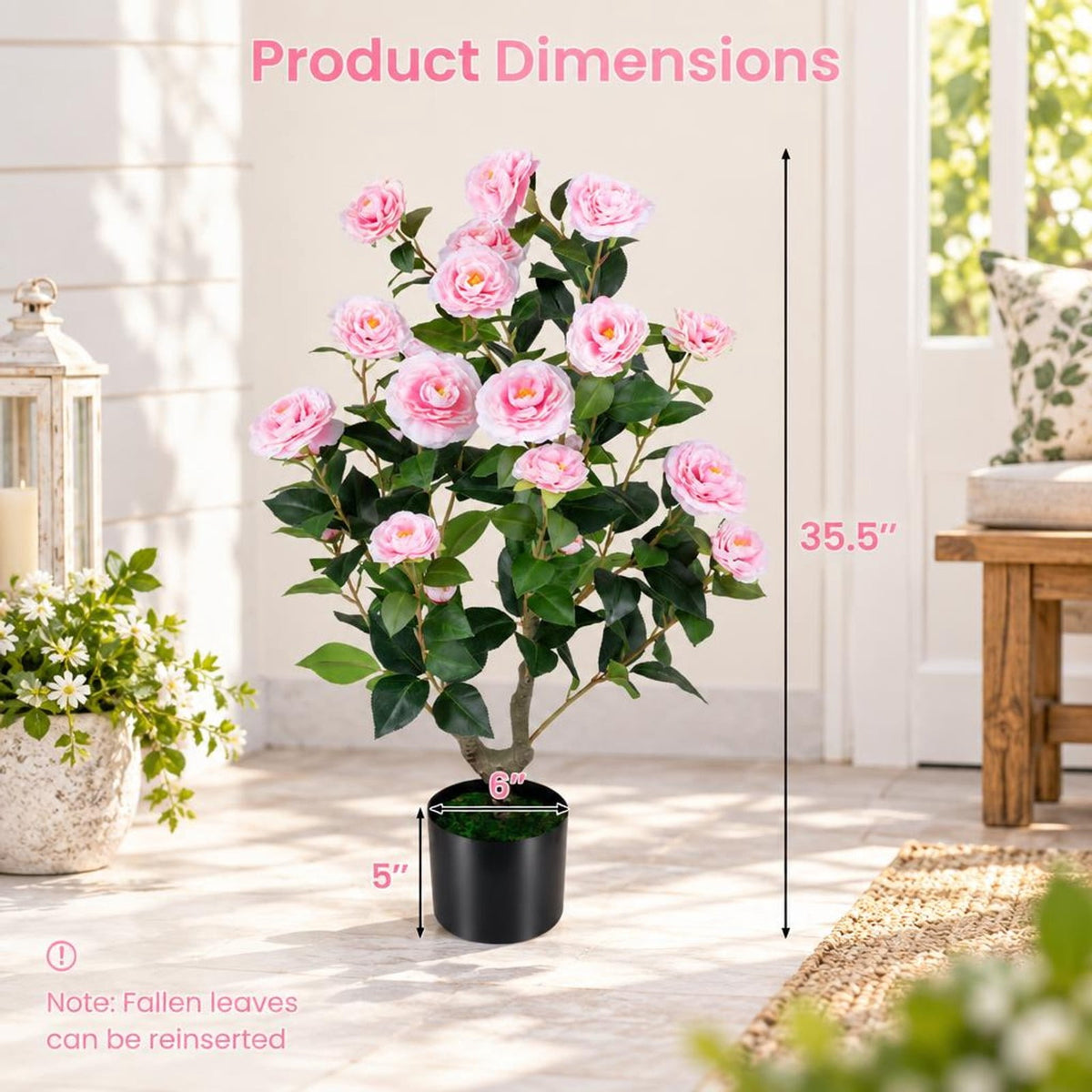 Airfind Artificial Camellia Tree Faux Flower Plant in Cement-Filled Pot, PE PP Cement Overall Height 35.5 Flower Pot Height 5 Flower Pot Frame