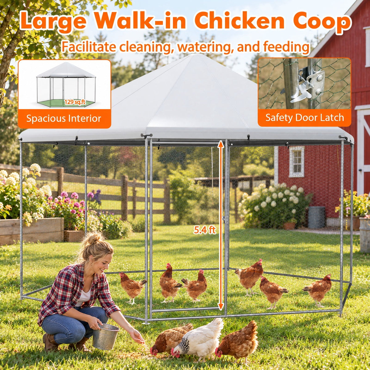 Airfind 13FT Large Metal Hexagonal Chicken Coop with Wire Mesh and Lockable Door, Galvanized Steel 210D Oxford Fabric Frame, Silver