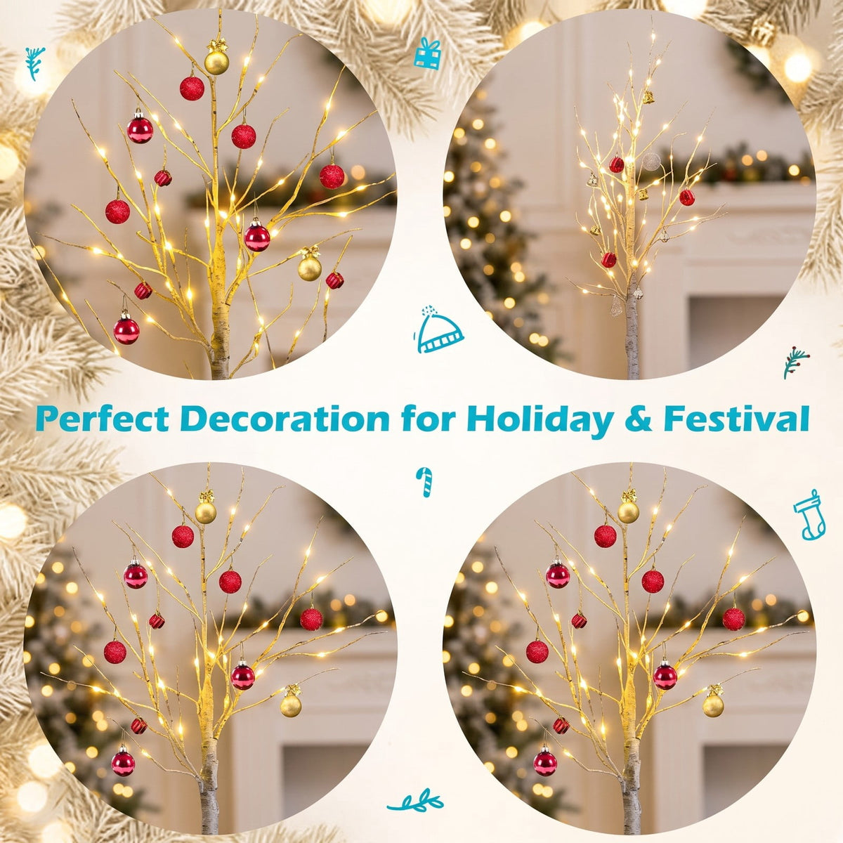 Airfind 5 Feet Pre-lit White Twig Birch Tree with 72 LED Lights for Christmas, metal plastic Height: 5 FT Frame, 8 Inch x 8 Inch Rated input Footprint