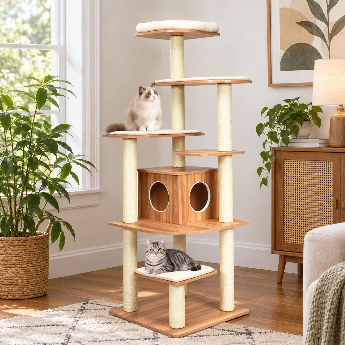 Airfind 7-Layer Wooden Cat Tree Tall Cat Tower with Sisal Posts and Condo, 33 lbs Capacity, Engineering Board Sisal Rope Plush Frame, Natural