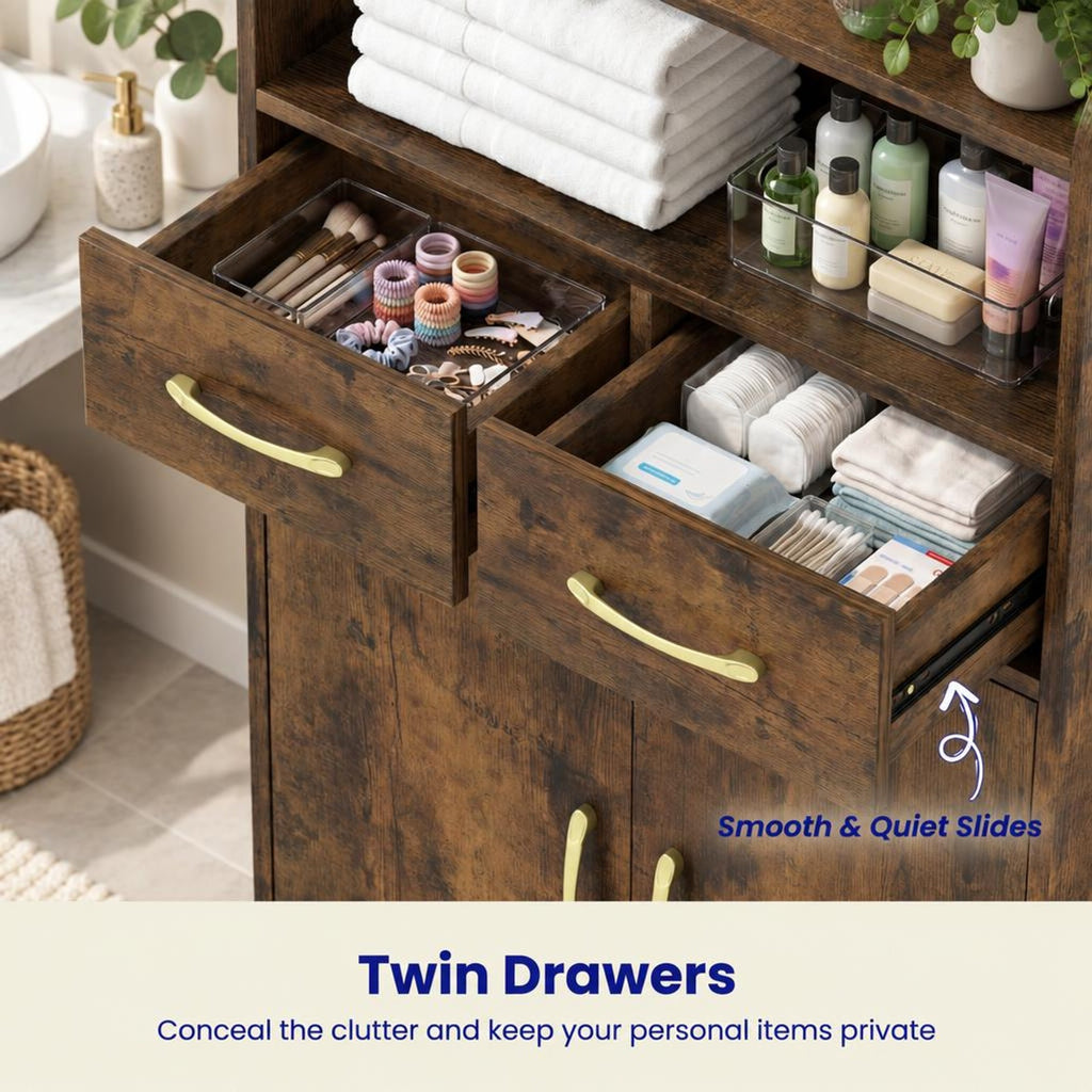 Airfind Bathroom Storage Cabinet Freestanding Floor Cabinet with 2 Drawers and 2 Doors, 44 lbs Capacity, Engineered Wood Metal Frame, Brown
