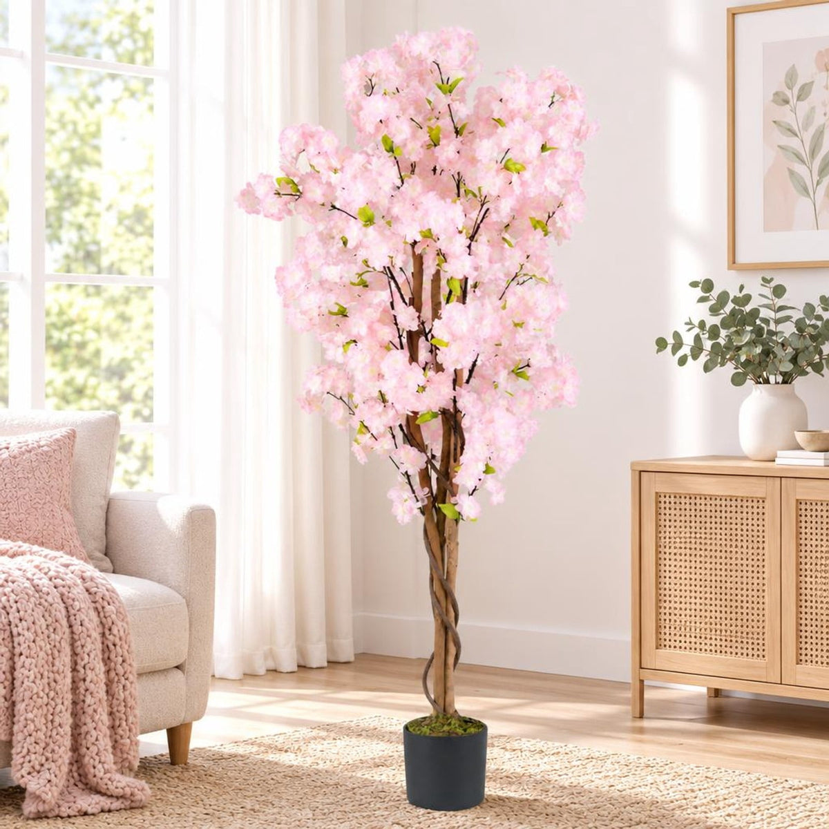 Airfind Artificial Cherry Blossom Tree, 5 FT Tall, with Flowers-1 Pack, Polyester Fabric PP PE Solid Wood Tree Height 59 Inch Pot Frame, Pink