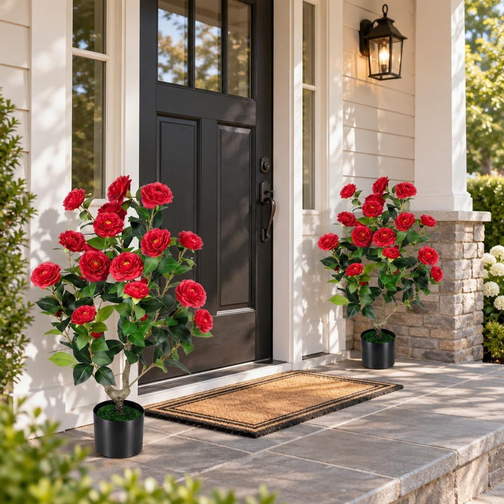 Airfind Artificial Camellia Tree, 2-Pack, Faux Flower Plant in Cement-Filled Pot, offers excellent stability and balance, Red