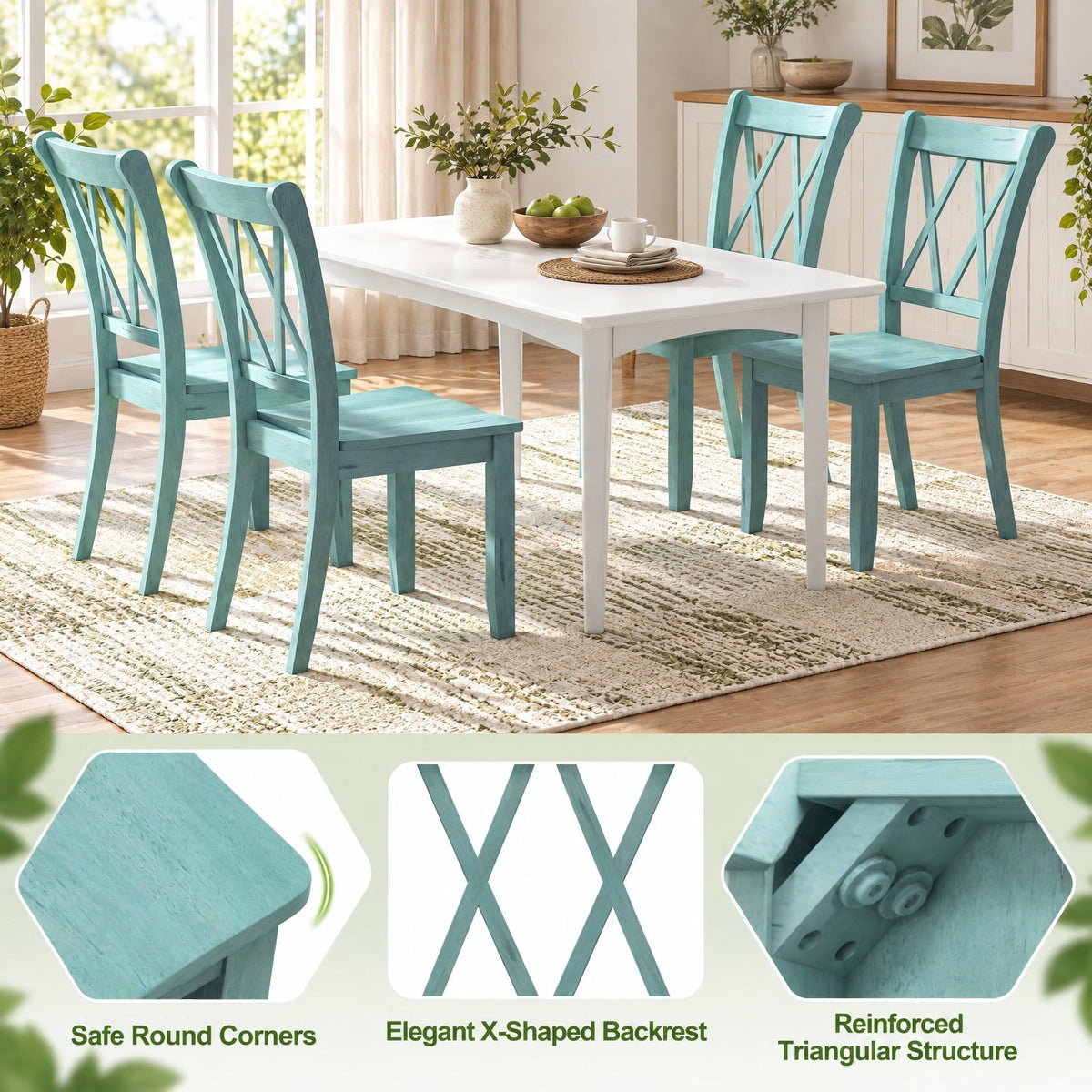 Airfind Set of 2 Cross Back Rubber Wood Dining Chairs, 300 lbs Capacity, Rubber Wood Frame, 20 x 23.5 x 39 Footprint, Green