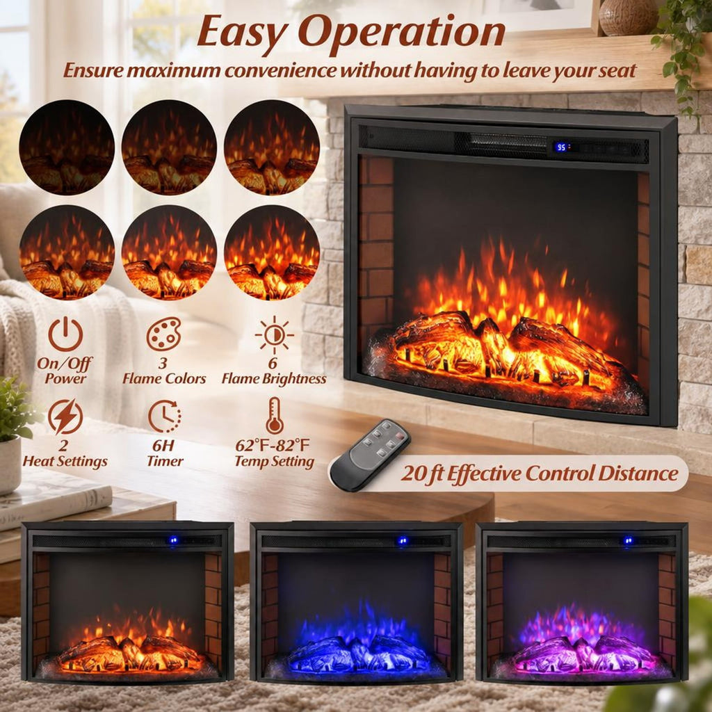 Airfind Curved Recessed Electric Fireplace Insert with Remote Control and Overheat Protection-26 Inch, Metal Tempered Glass Frame, Black