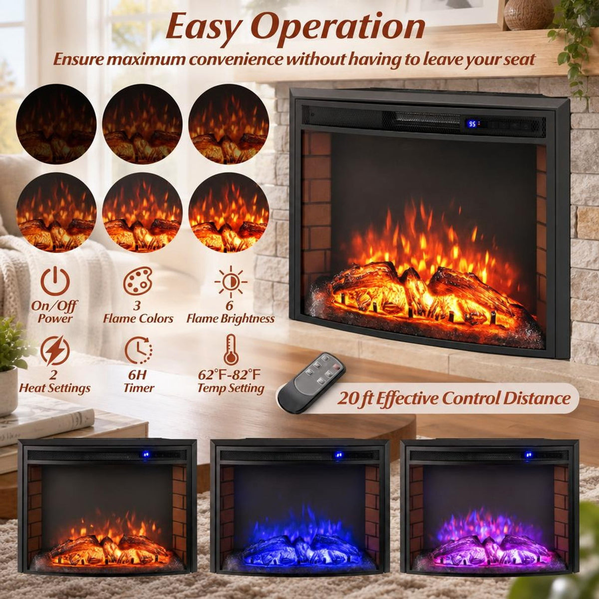 Airfind Curved Recessed Electric Fireplace Insert with Remote Control and Overheat Protection-26 Inch, Metal Tempered Glass Frame, Black