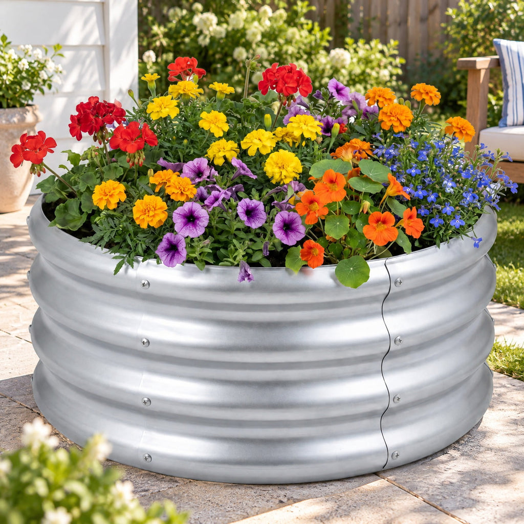 Airfind Round Galvanized Raised Garden Bed with Open-Ended Base, Galvanized Metal S Frame, 24 x 24 x 11.5 Footprint, Sliver