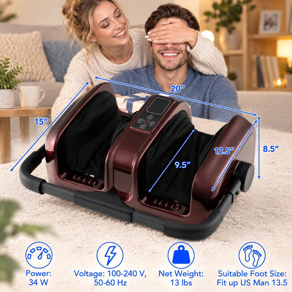 Airfind Foot and Calf Massager with Heat Shiatsu Deep Kneading Rolling Smart Electric Leg Massager, ABS Frame, 20 x 12.5 x 8.5 Footprint, Red