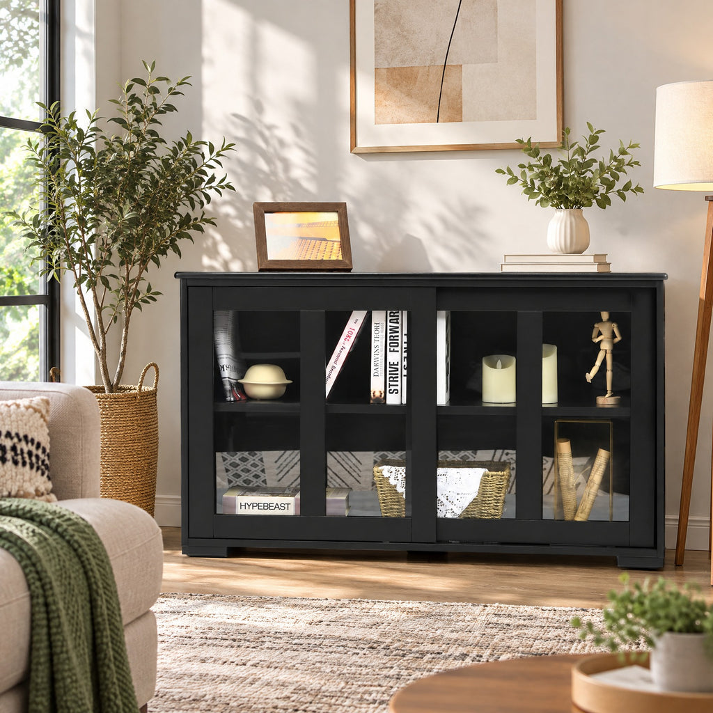 Airfind Kitchen Storage Cabinet with Glass Sliding Door, MDF transparent tempered glass Frame, 42in x 13.0in x 24.5in Footprint, Black
