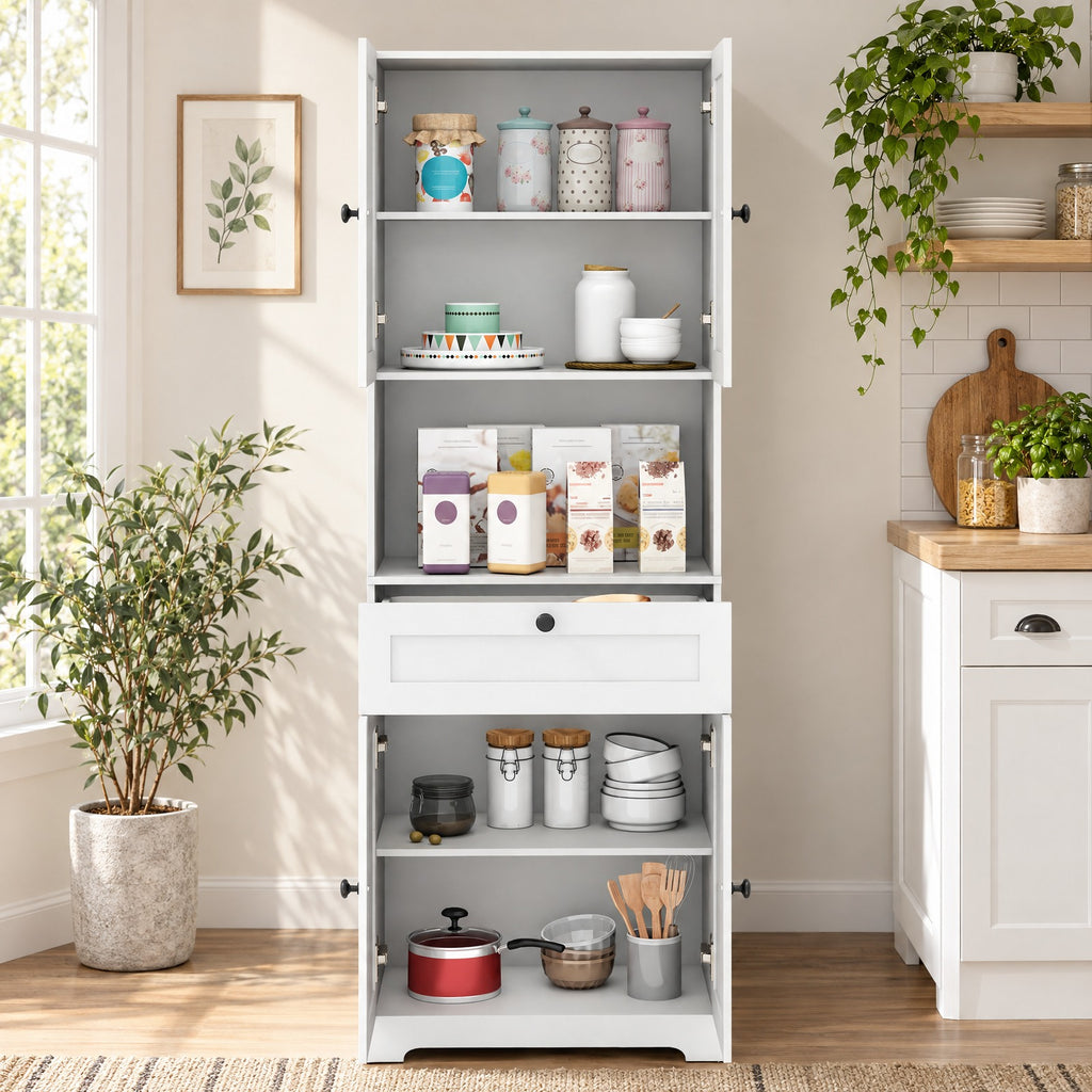 Airfind 67.5 Inch Tall Modern Freestanding Floor Storage Cabinet with 4 Doors and 1 Drawer, 243 lbs Capacity, MDF Engineered Wood Frame, White