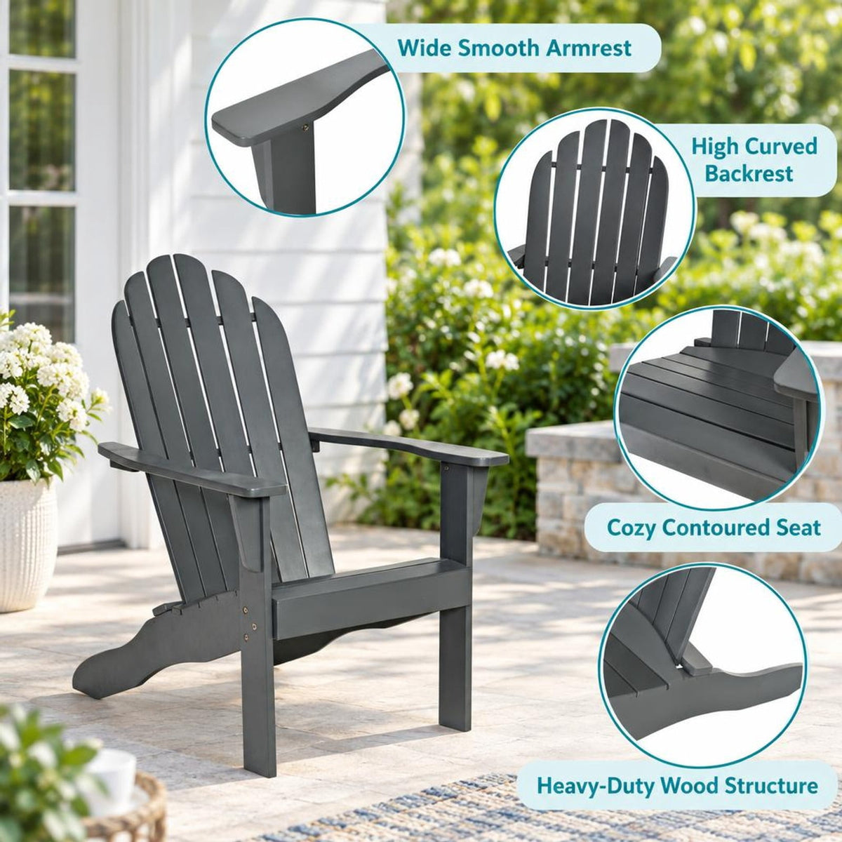Airfind Acacia Wood Outdoor Adirondack Chair with Ergonomic Design, Acacia wood Frame, Gray, Overall dimension 27 x 35 x 40.5 (L x