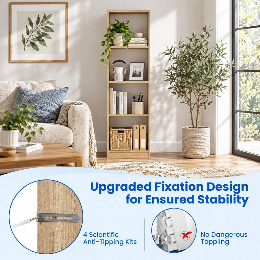 Airfind 5 Tiers 4-Cube Narrow Bookshelf with 4 Anti-Tipping Kits, 165 lbs Capacity, Engineered Wood Frame, 15 x 13 x 56 Footprint, Natural
