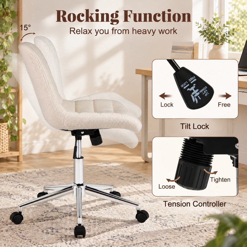 Airfind Teddy Fleece Armless Office Chair Makeup Vanity Chair, 250 lbs Capacity, Metal Teddy Fleece Sponge Nylon Frame, White