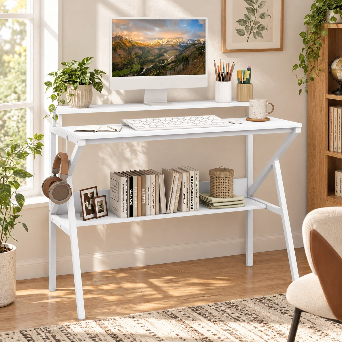Airfind Space Saving Computer Desk with Monitor Stand and Extra Storage Shelf for Work Study, 200 lbs Capacity, Engineered Wood Metal Frame, White
