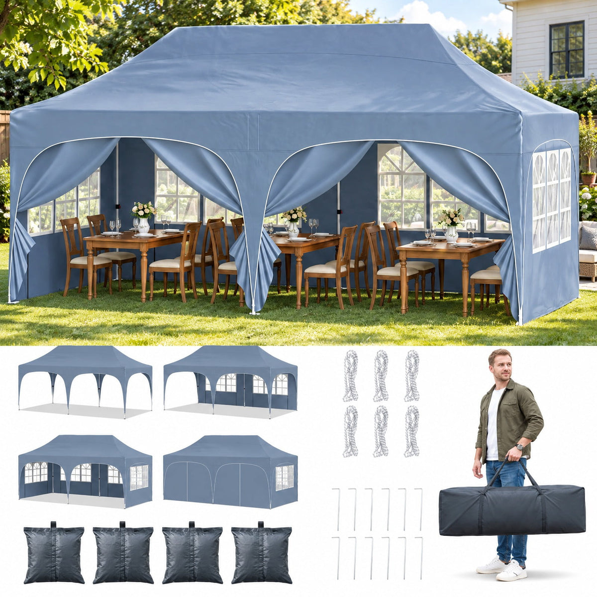 Airfind Pop Up Canopy Tent with 6 Removable Sidewalls for Patio, Metal Frame, 10 x 20 x 10.4 Footprint, Gray