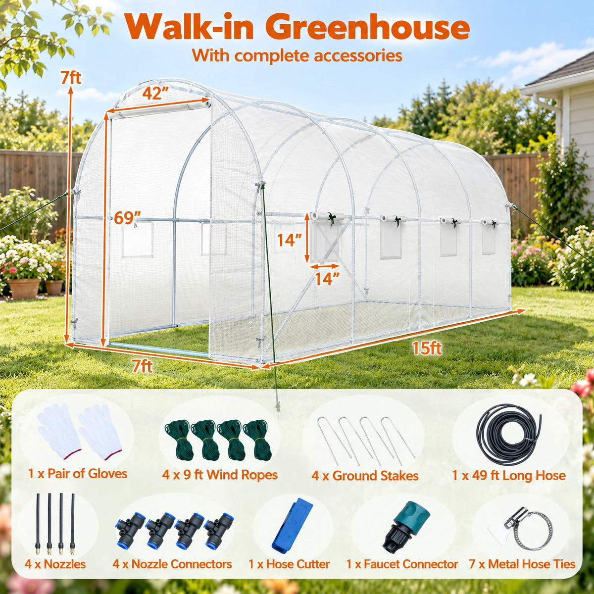 Airfind 15 x 7 x 7 ft Walk-in Tunnel Greenhouse with Watering System, Galvanized Steel Frame, 15 x 7 x 7 ft Footprint, White