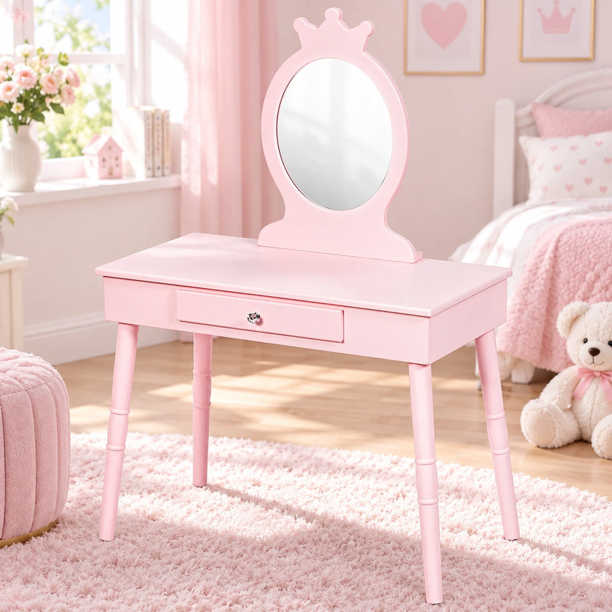 Airfind Kids Vanity Makeup Table and Chair Set Make Up Stool, 33 lbs Capacity, MDF pine wood Frame, 27.5 Inch x 13.5 Inch x 40 Inch Footprint, Pink