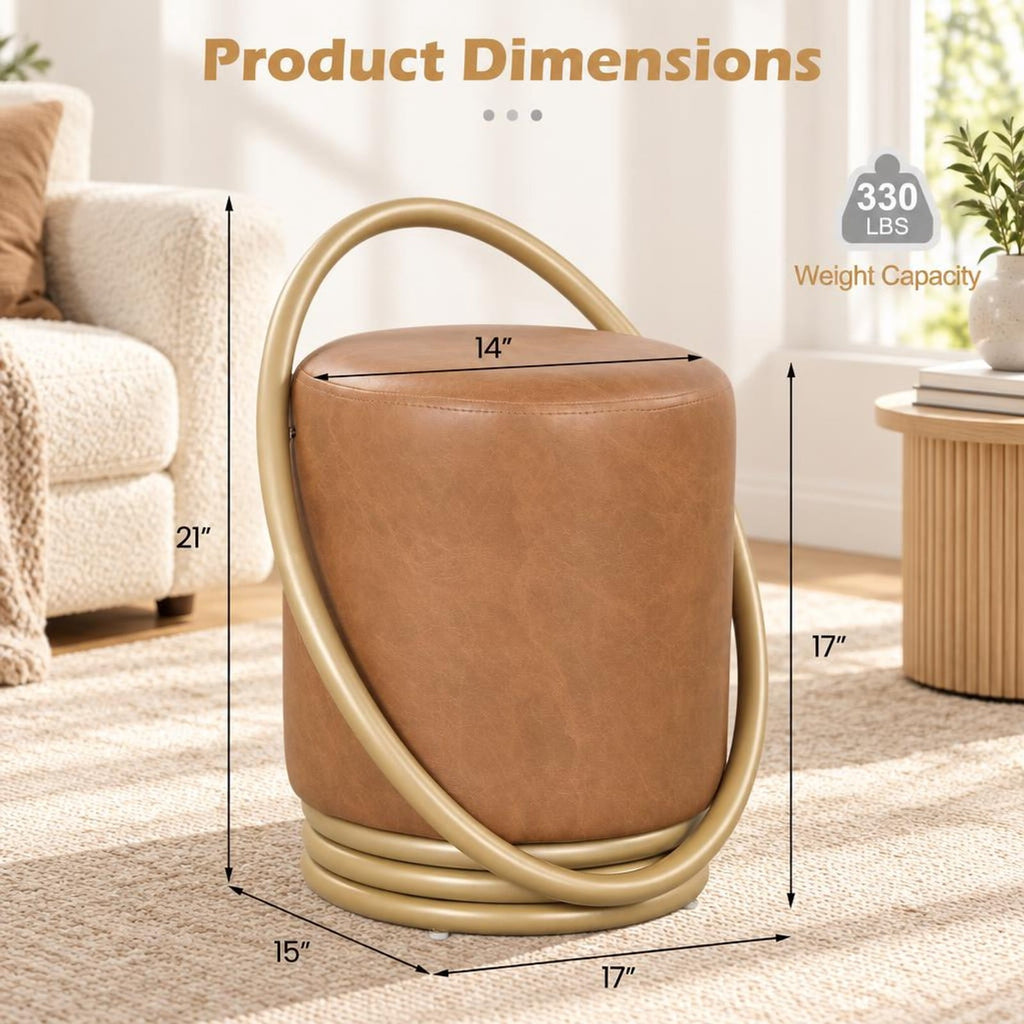 Airfind Vanity Stool, Round, Faux Leather Vanity Chair with Halo Design, 330 lbs Capacity, 17 Inch x 15 Inch x 21 Inch Seat Height 14 Inch Footprint, Brown