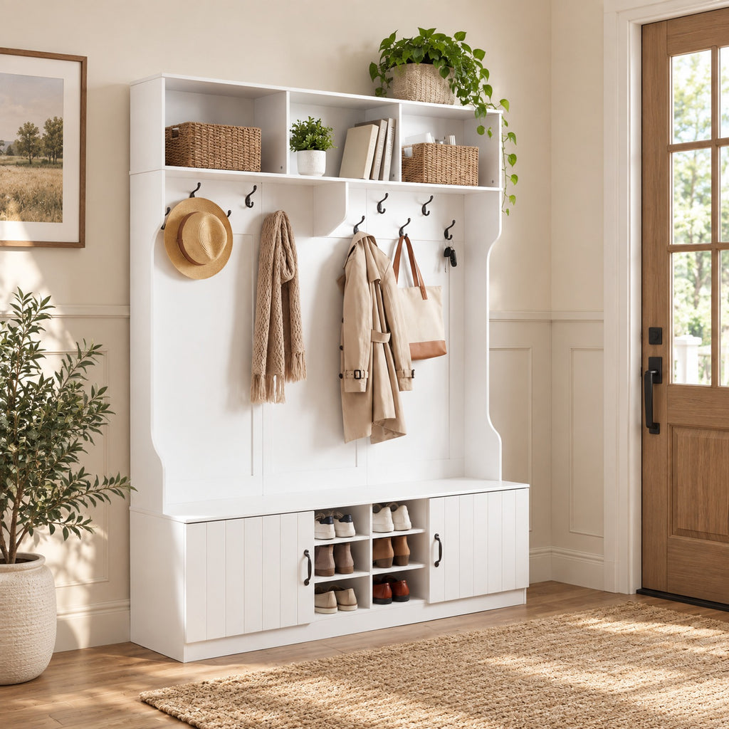 Airfind 59in Wide 6-in-1 Hall Tree with Bench and Storage, 155 lbs Capacity, Engineered Wood MDF Frame, 59in × 16in × 80in Footprint, White