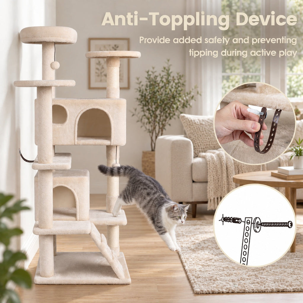 Airfind 52 Inch Tall Cat Tree Tower for Indoor Cats, 22 lbs Capacity, Engineered Wood Sponge Plush Fabric Sisal Frame, Beige