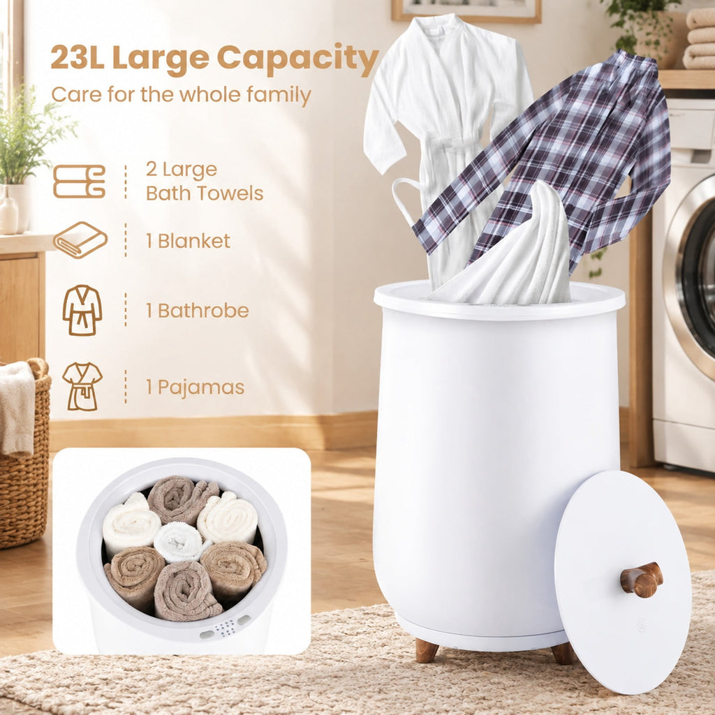 Airfind 23L Large Luxury Bucket-Style Towel Warmer with Fragrant Disc Holder, Plastic Frame, 13.5in x 21in (Dia. x H) Rated Footprint, White