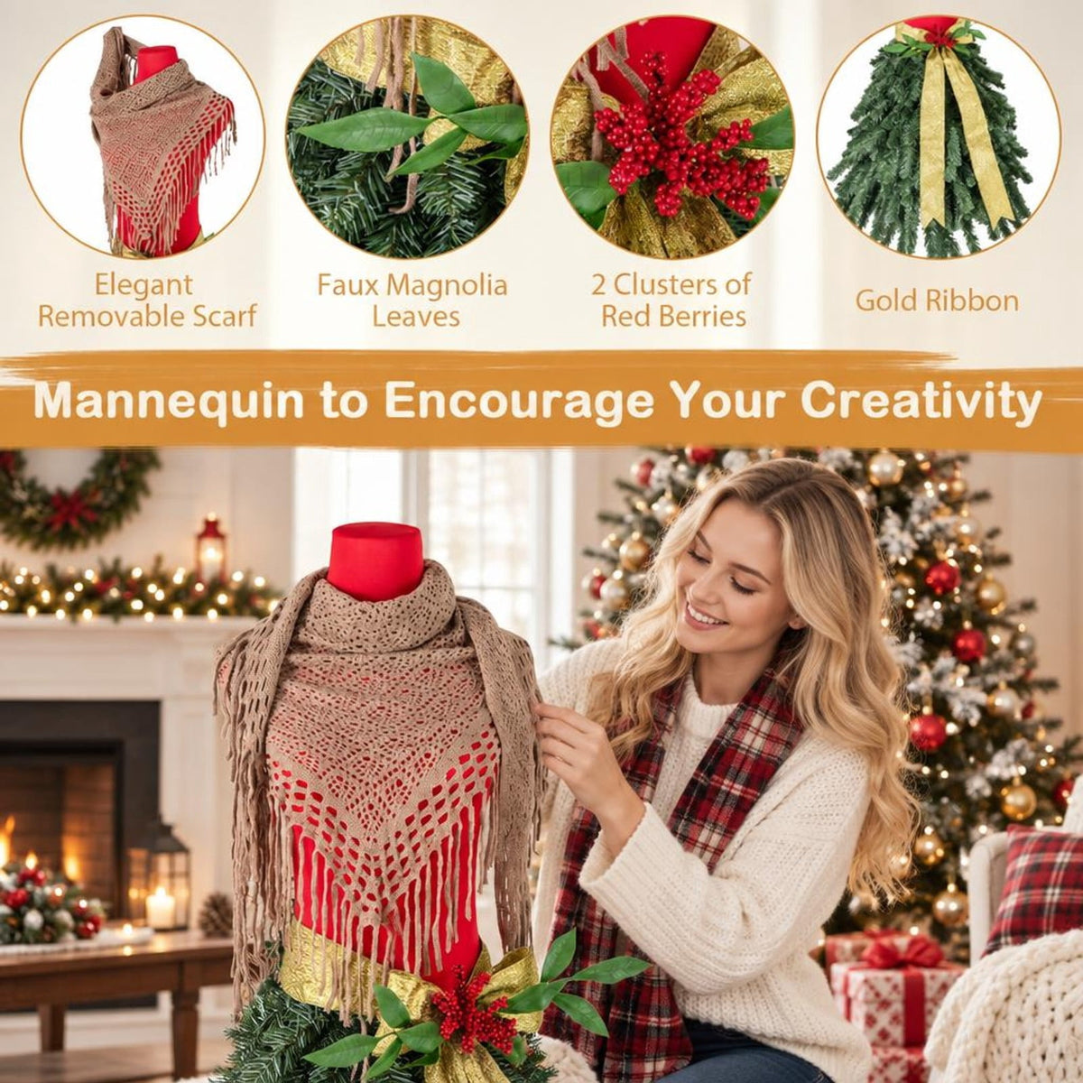 Airfind 5 FT Pre-lit Mannequin Artificial Christmas Tree Dress Form Xmas Tree, PVC Metal Tree Height 5 ft Tree Width 2.7 ft Frame, Green Red