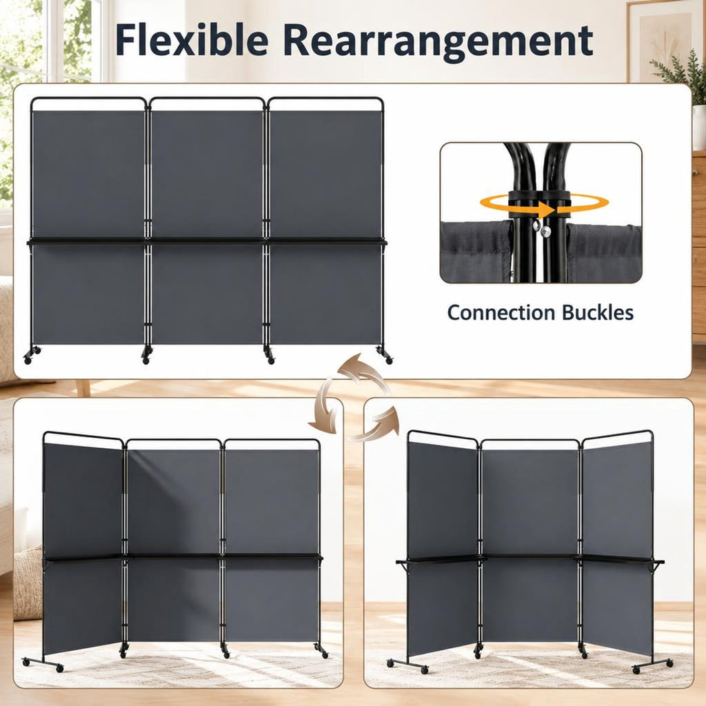 Airfind 3-Panel Room Divider with Shelves 6 FT Tall Folding Privacy Screen with Lockable Wheels, Polyester Fabric Metal Frame, Grey