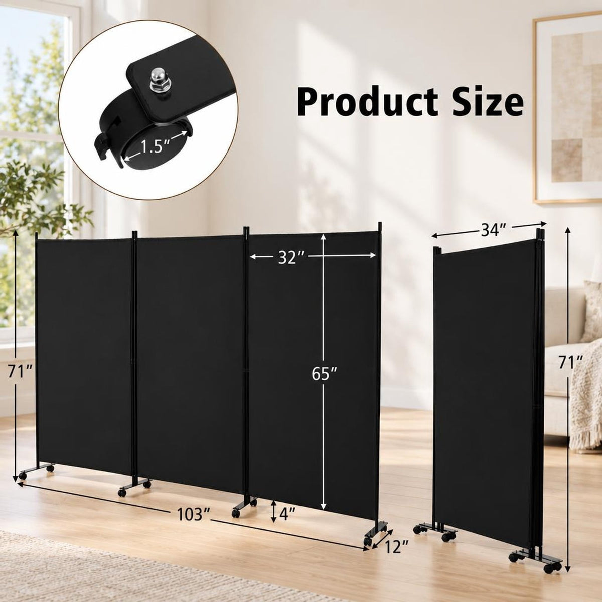 Airfind 3 Panel Folding Room Divider with Lockable Wheels, Metal Polyester Fabric Tiled Frame, 103 x 12 x 71 Footprint, Black