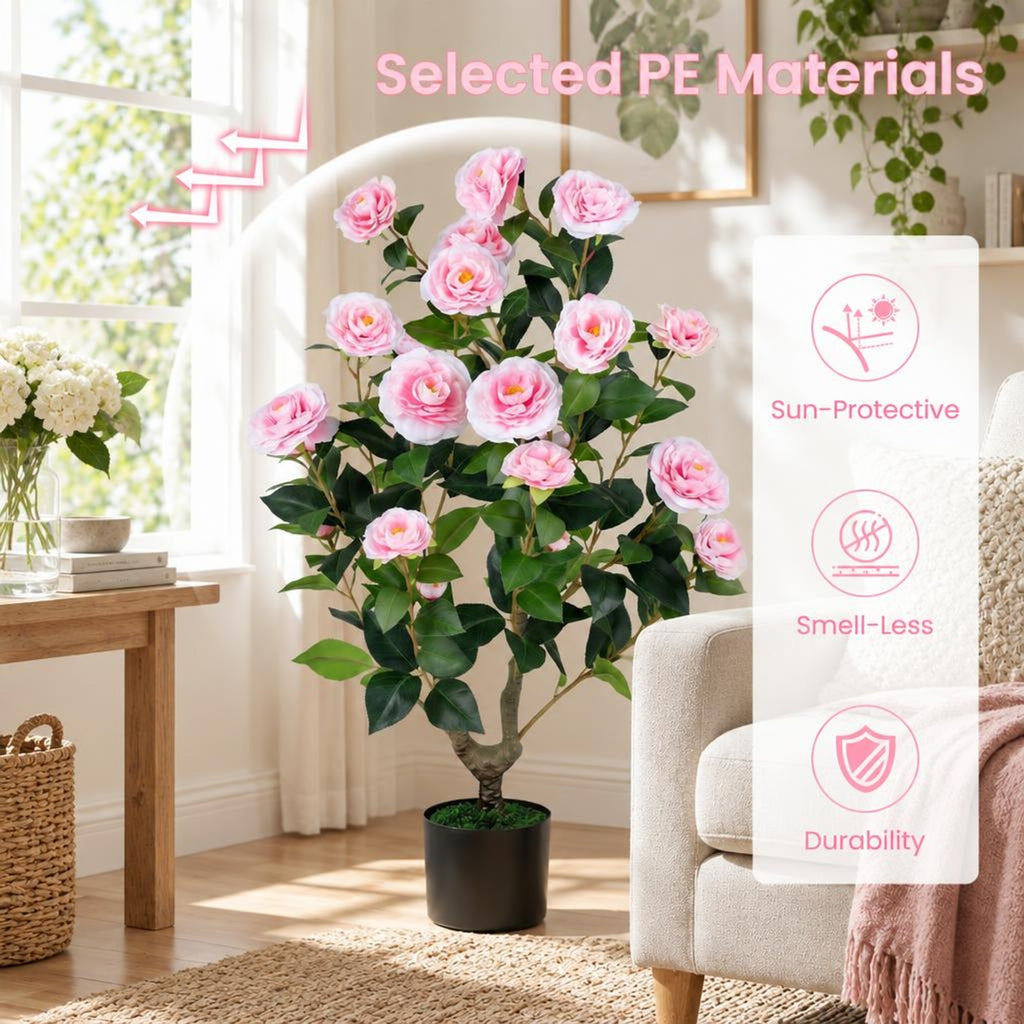 Airfind Artificial Camellia Tree Faux Flower Plant in Cement-Filled Pot, PE PP Cement Overall Height 35.5 Flower Pot Height 5 Flower Pot Frame