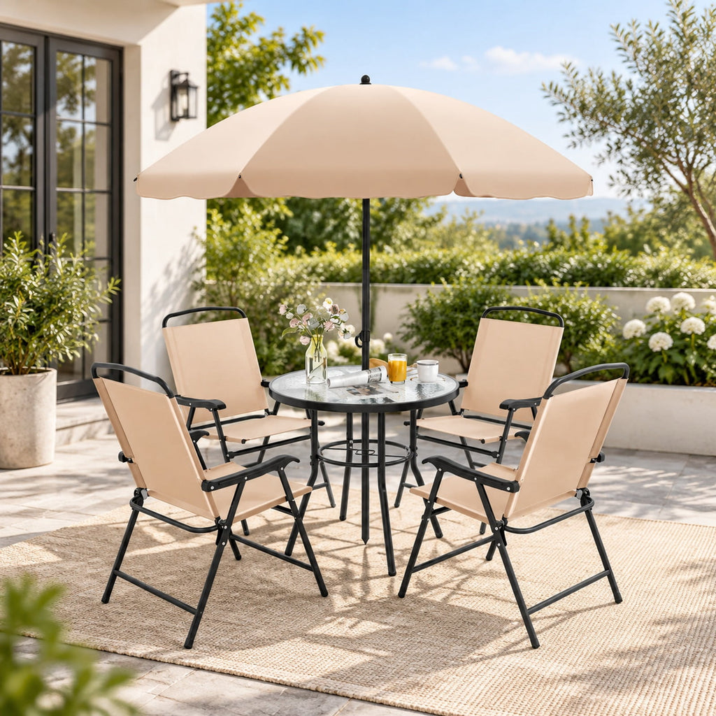 Airfind 6 Pieces Patio Dining Set with Umbrella and 4 Folding Armchairs, 165 lbs Capacity, Metal Fabric Frame, 23 x 21.5 x 34 Footprint, Beige