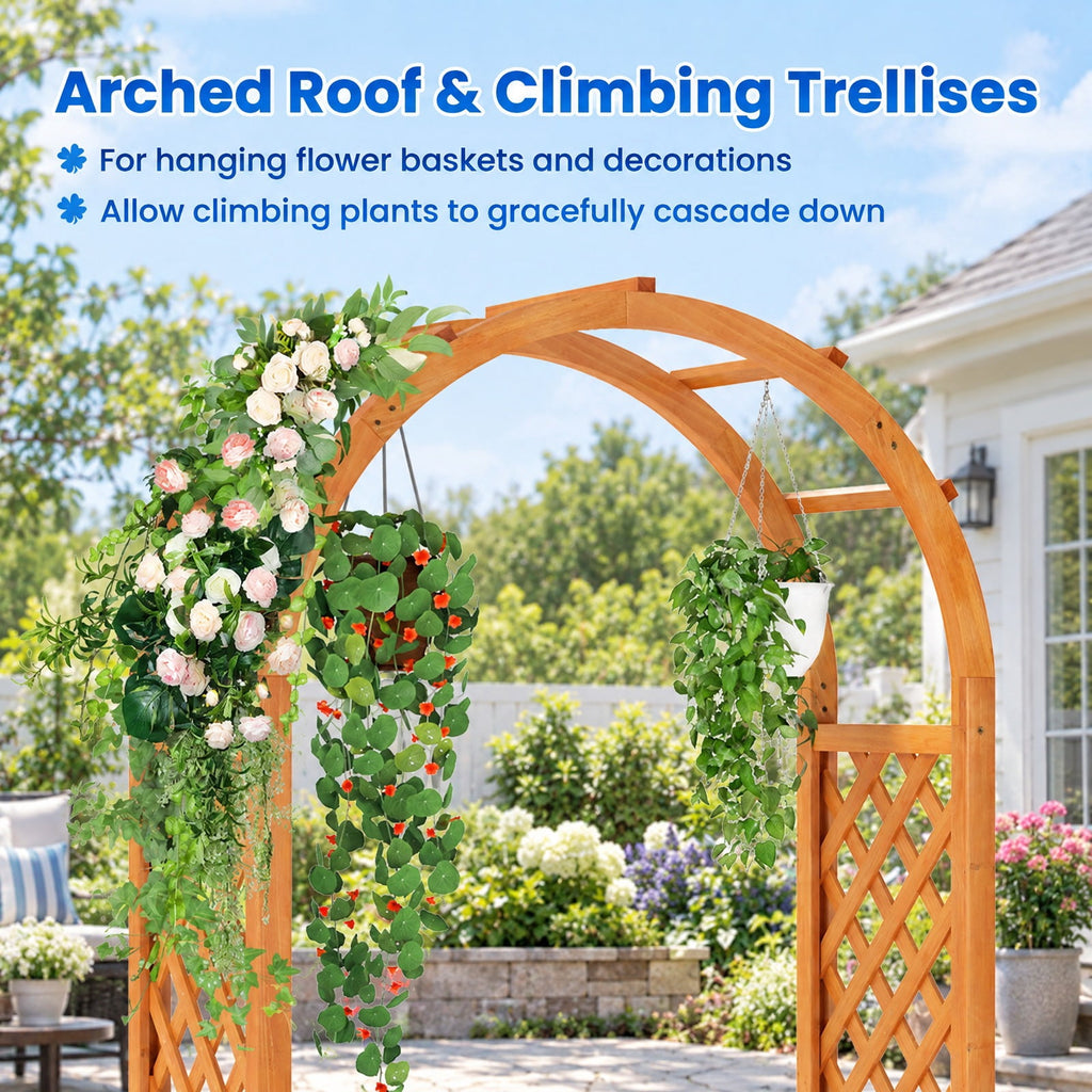 Airfind Raised Garden Bed with Lattice Trellis Ached Roof Wooden Elevated Planter Box, 88 lbs Capacity, Fir Wood Frame, Brown