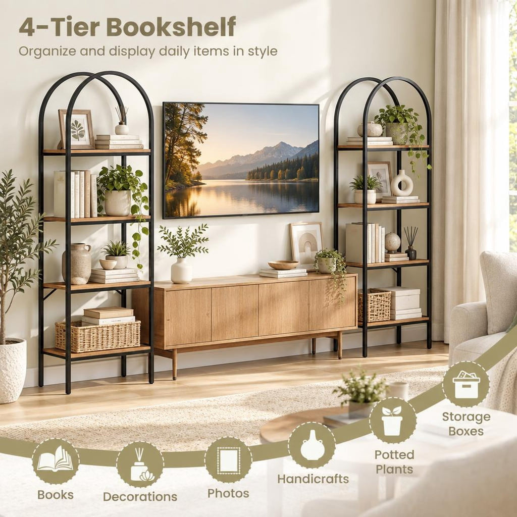 Airfind 71 Inch Tall Arched Bookcase 4-Tier with Storage Shelves and Metal Frame for Home Office-Brown and Black, 44 lbs Capacity, Metal Frame, Brown