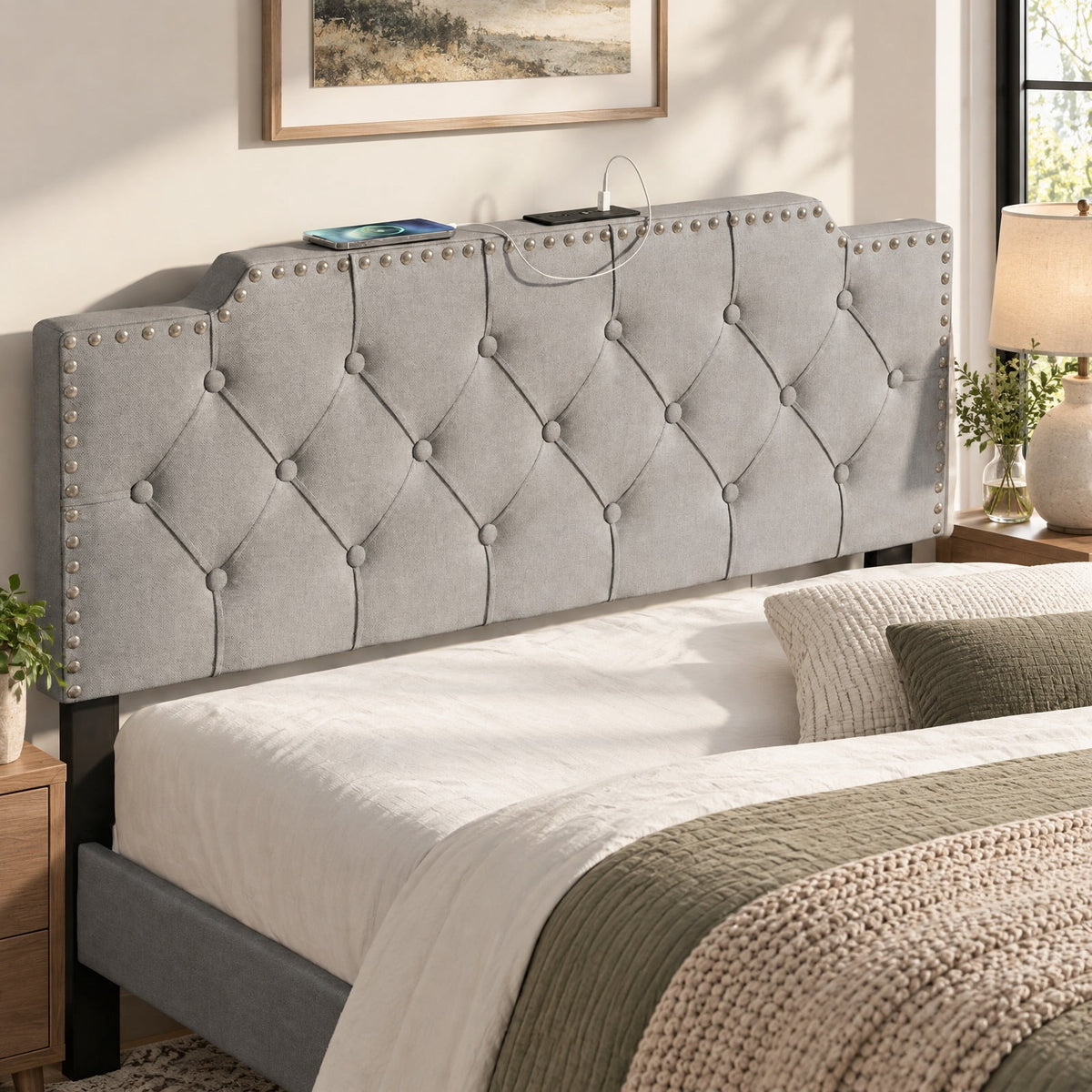 Airfind Headboard for Queen and Full Size Bed Rivet Tufted Upholstered Head Board, Rubber Wood Polyester Sponge MDF Frame, 63 x 4 x 45 Footprint