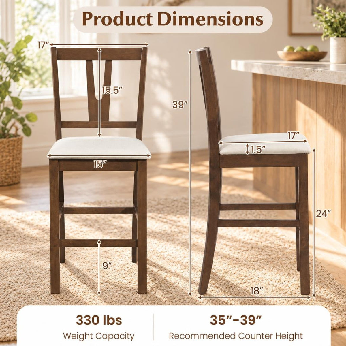 Airfind Counter Height Bar Stools with Contoured V-back-set of 2, Stool 330 lbs Capacity, Rubber Wood Faux Linen Fabric Sponge Frame, Unspecified