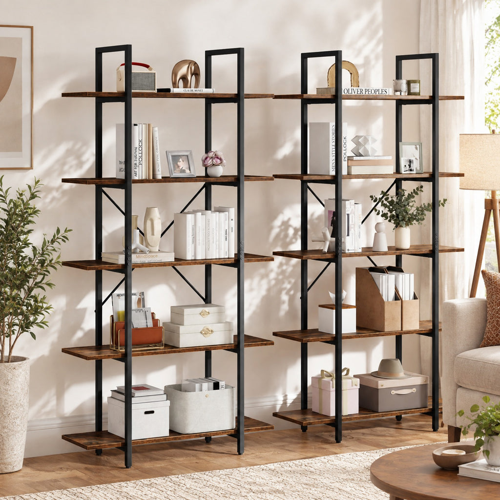 Airfind 5-Tier 62 Inch Tall Vintage Industrial Bookcase with Open Storage Shelves, 220 lbs Capacity, Engineered Wood Metal Frame, Brown
