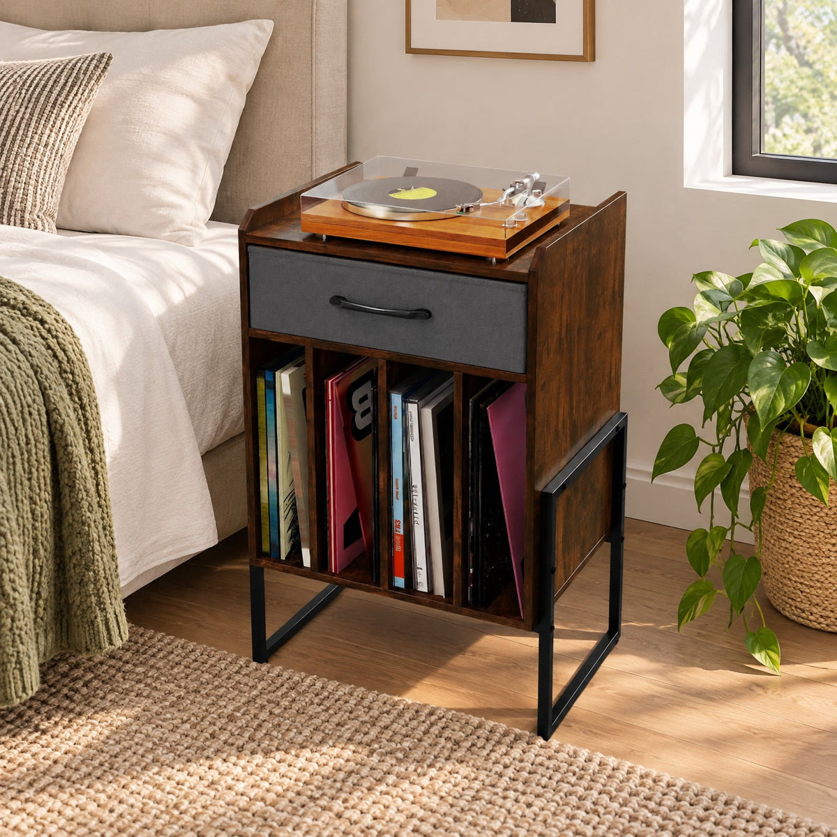 Airfind Record Player Stand with Drawer and Record Holder, 66 lbs Capacity, Engineered Wood MDF Metal Non-woven Fabric Frame, Brown
