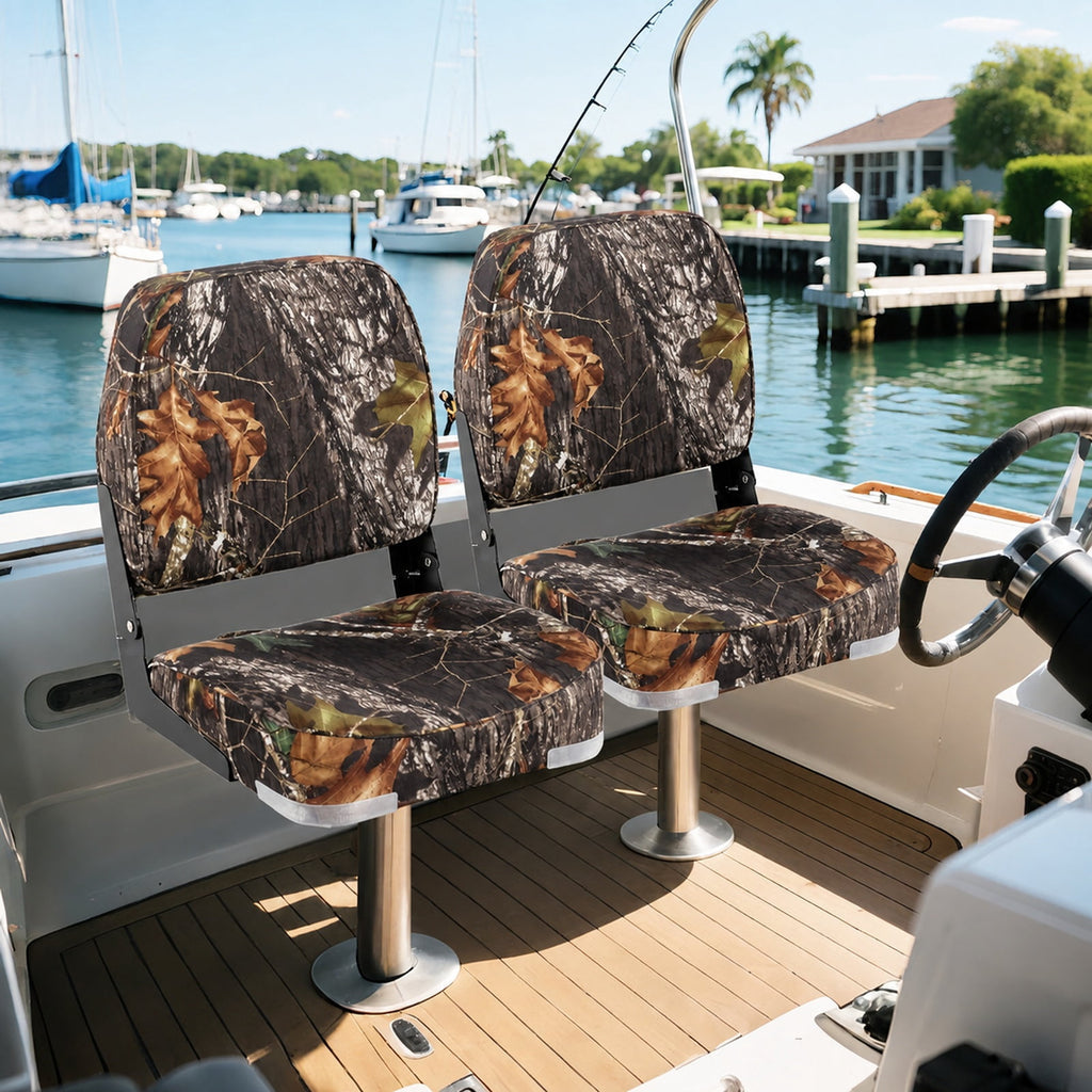 Airfind 2 Pack Folding Low Back Boat Seats with Cushioned PVC Leather and Aluminum Hinges for Fishing Boats and Marine Cabin Seating, Camouflage