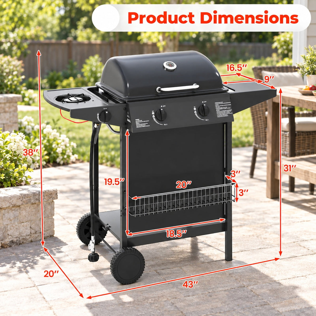 Airfind 30 000 BTU Outdoor Burner Propane Gas Grill on Wheels, Metal Stainless Steel, 43 Inch X 20 Inch X 38 Inch for Convenient Everyday Use, Black